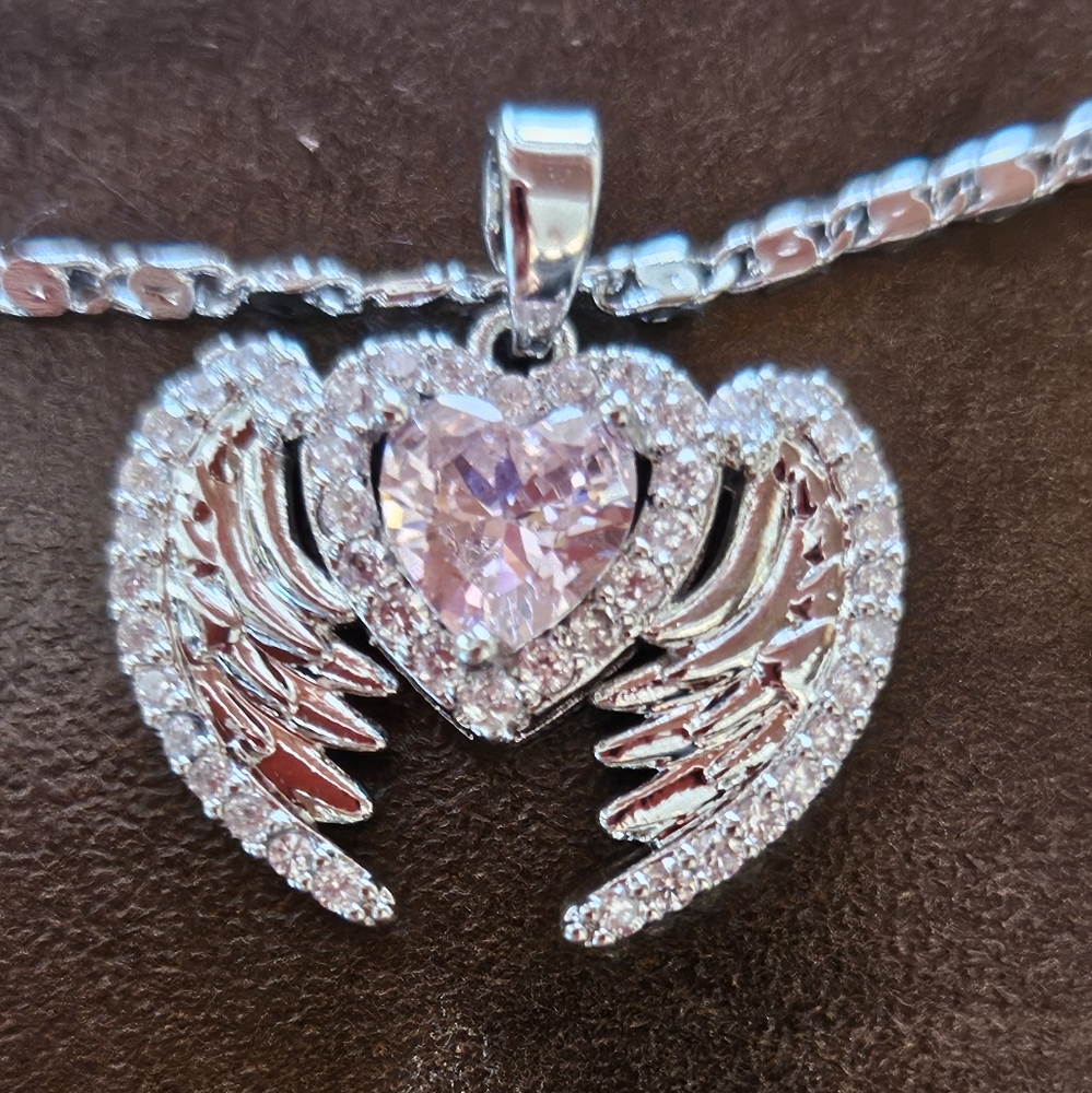 20" Necklace W/ 1" Elegant Silver and Pink Heart Wing Pendant